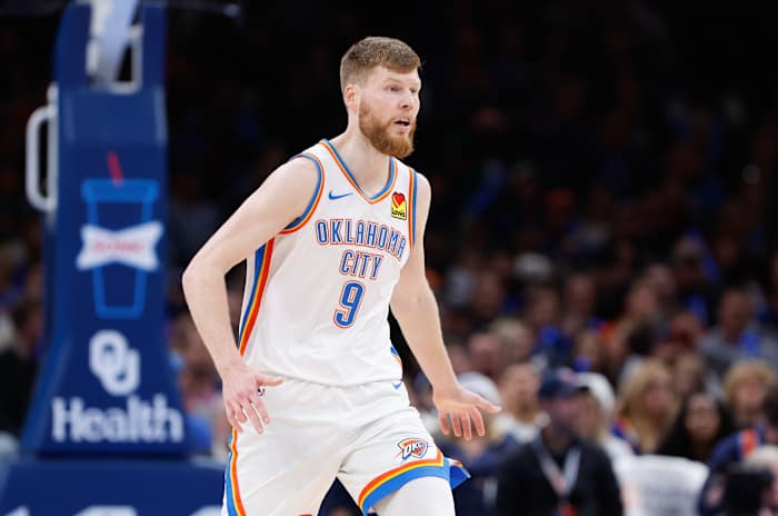Nov 25, 2023; Oklahoma City, Oklahoma, USA; Oklahoma City Thunder forward Davis Bertans (9) during the second half against the Philadelphia 76ers at Paycom Center.